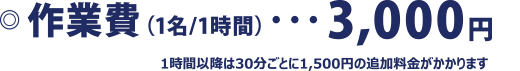 作業費（1名／1時間）　3,000円　1時間以降は30分ごとに1,500円の追加料金がかかります。